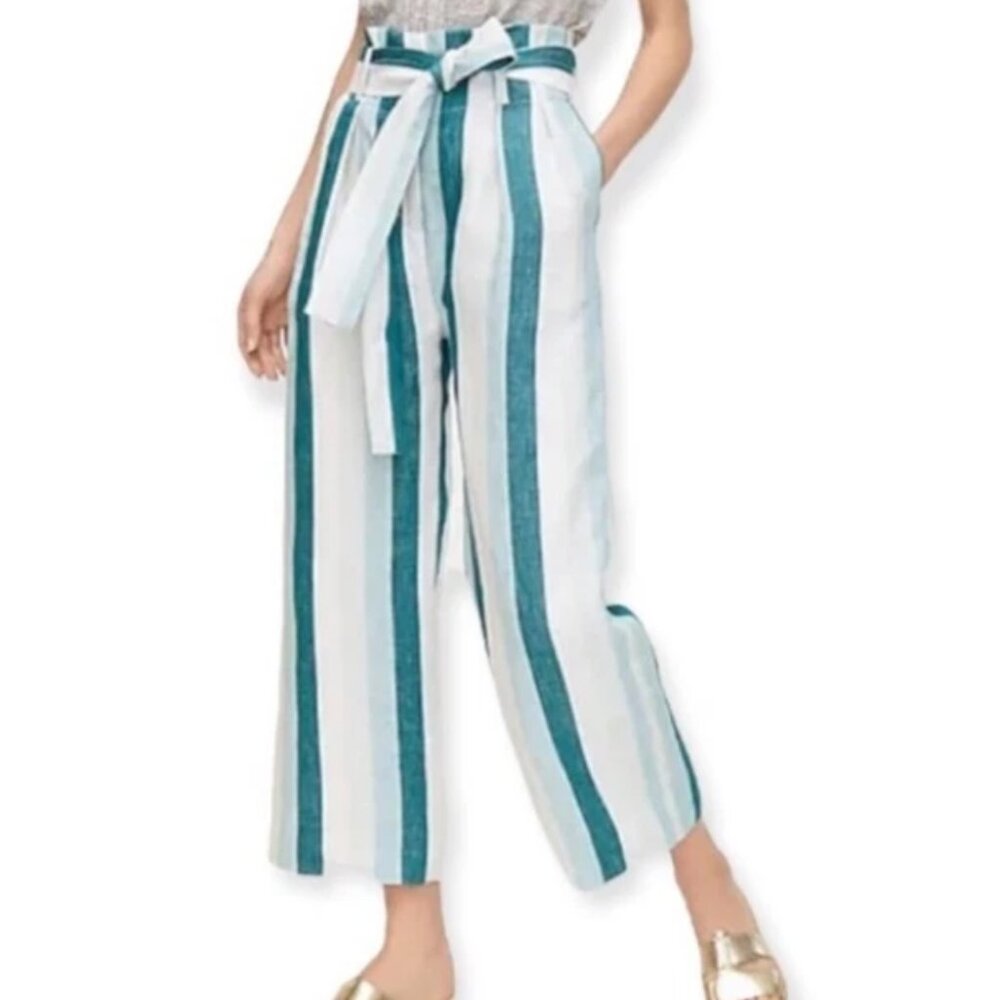 J.Crew Paper-Bag Linen Pants Turquoise/White Stripe - 4